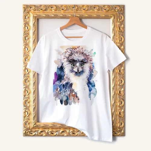 Philippine eagle watercolor painting printed on a white cotton T-shirt by Slaveika Aladjova