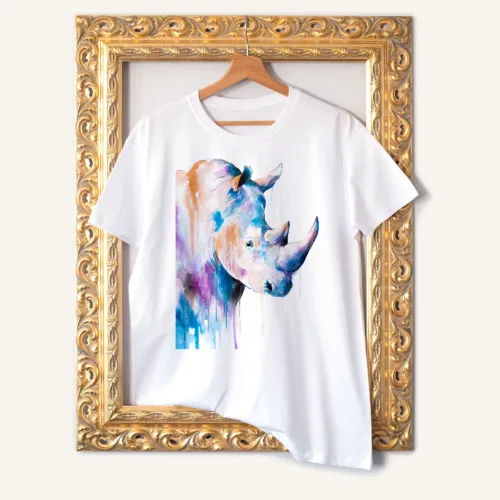 Blue rhino watercolor painting printed on a white cotton T-shirt by Slaveika Aladjova