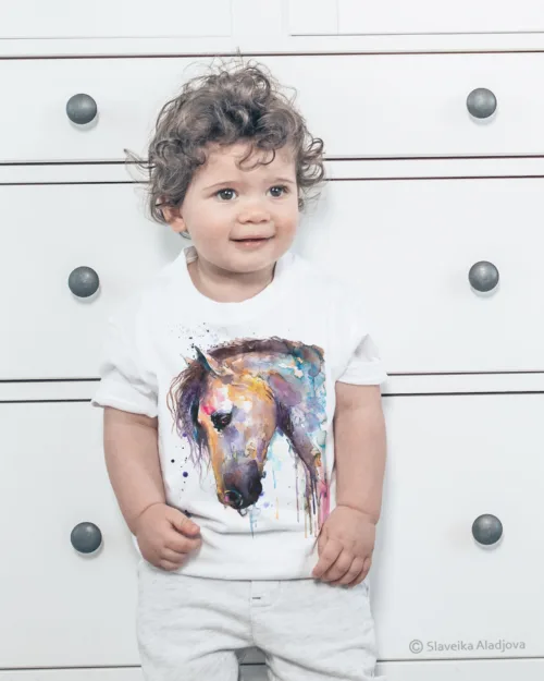 Horse watercolor painting printed on a white cotton T-shirt by Slaveika Aladjova, view 2