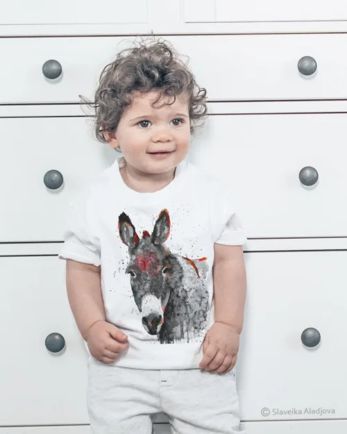 Donkey watercolor painting printed on a white cotton T-shirt by Slaveika Aladjova, view 2