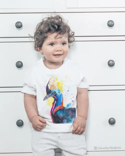 Cassowary watercolor painting printed on a white cotton T-shirt by Slaveika Aladjova, view 2
