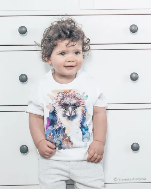 Philippine eagle watercolor painting printed on a white cotton T-shirt by Slaveika Aladjova, view 2