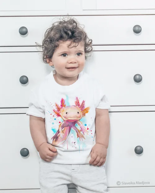 Axolotl watercolor painting printed on a white cotton T-shirt by Slaveika Aladjova, view 2