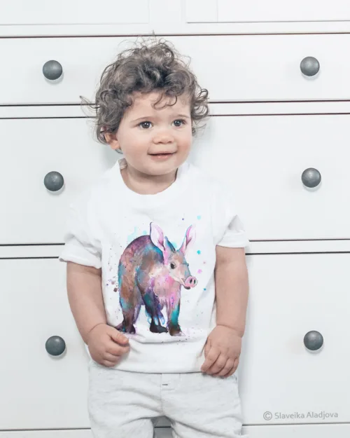 Aardvark watercolor painting printed on a white cotton T-shirt by Slaveika Aladjova, view 2
