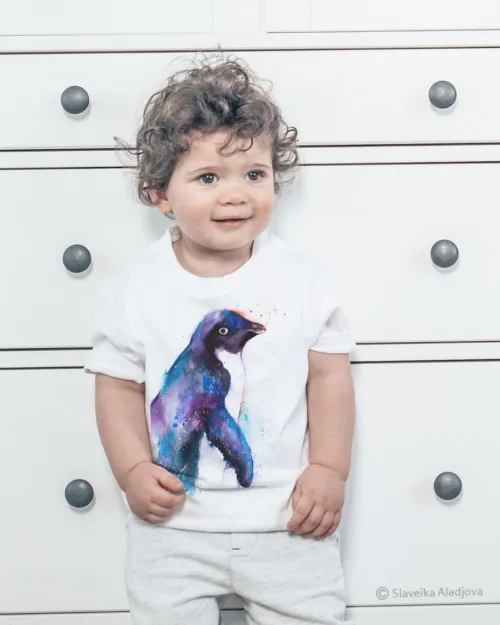 Adelie penguin watercolor painting printed on a white cotton T-shirt by Slaveika Aladjova, view 2