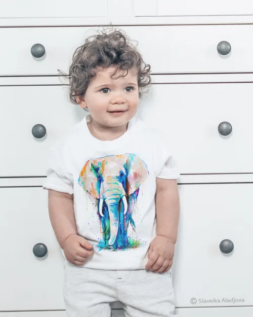 African elephant watercolor painting printed on a white cotton T-shirt by Slaveika Aladjova, view 2