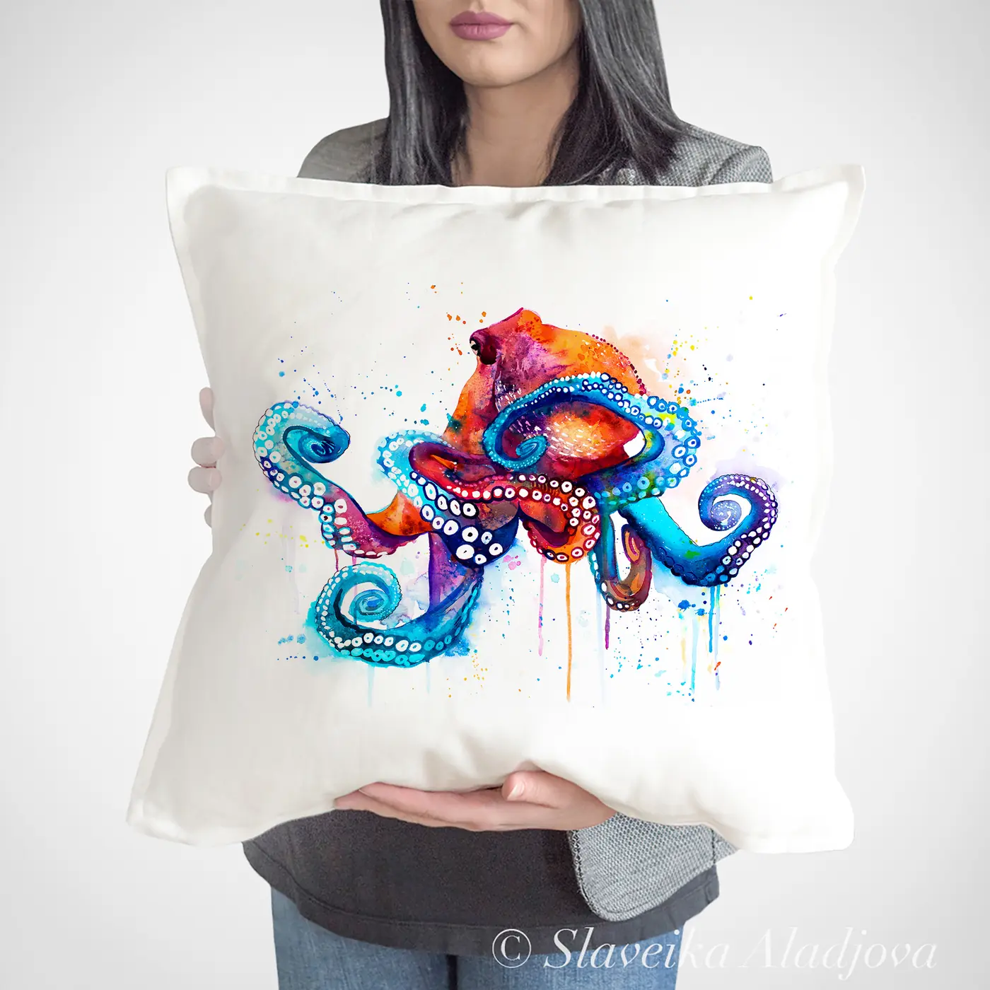 Home 5 Octopus watercolor painting printed on a cotton art pillow cover by Slaveika Aladjova