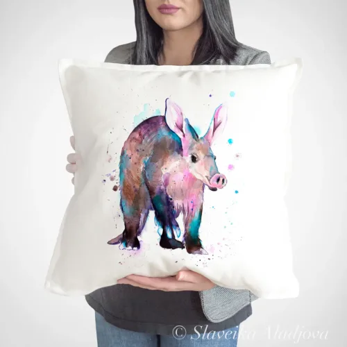 Aardvark watercolor painting printed on a 50 x 50 cm cotton art pillow cover by Slaveika Aladjova