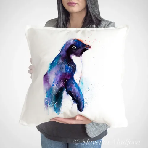 Adelie Penguin watercolor painting printed on a 50 x 50 cm cotton art pillow cover by Slaveika Aladjova