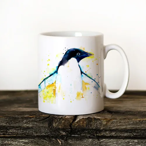 Adelie Penguin with Open Wings watercolor painting printed on an 11 oz ceramic art mug by Slaveika Aladjova