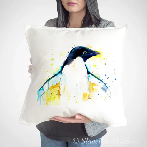 Adelie Penguin with Open Wings Art Pillow Cover, Watercolor Cushion 50 × 50 cm Adelie Penguin with Open Wings watercolor painting printed on a 50 x 50 cm cotton art pillow cover by Slaveika Aladjova