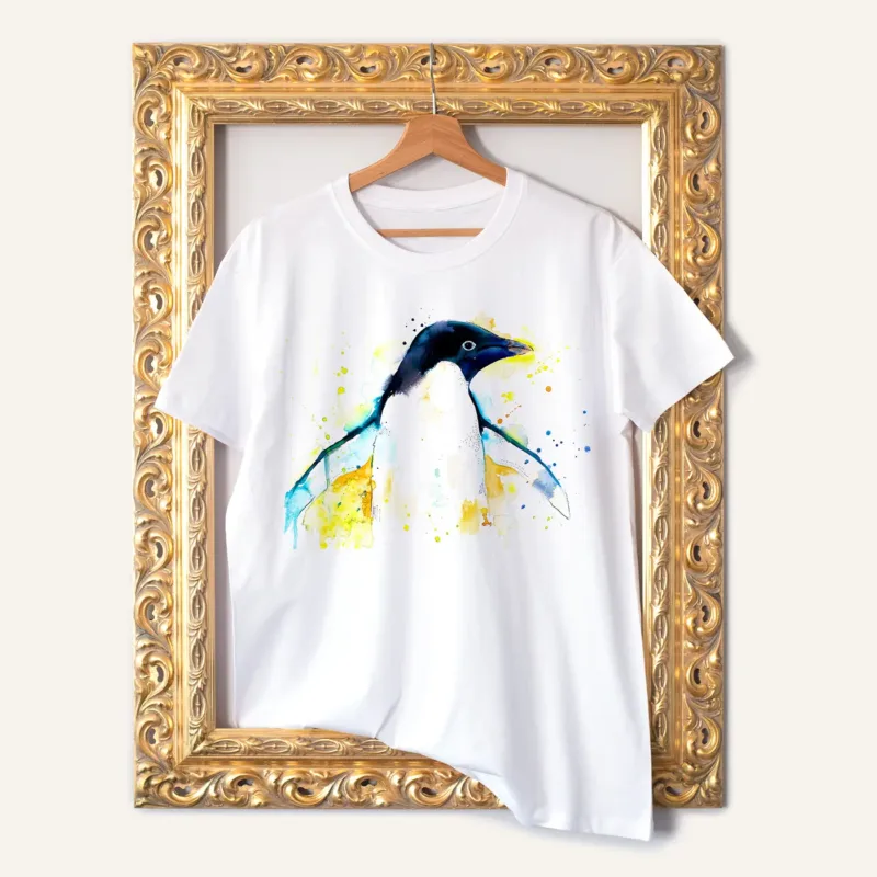 Adelie Penguin with Open Wings watercolor painting printed on a white cotton T-shirt by Slaveika Aladjova