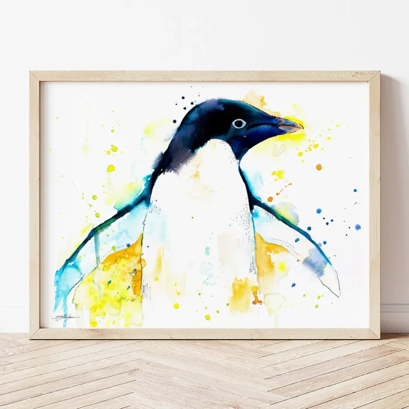 Adelie Penguin with Open Wings watercolor painting the artwork on the T-shirt by Slaveika Aladjova