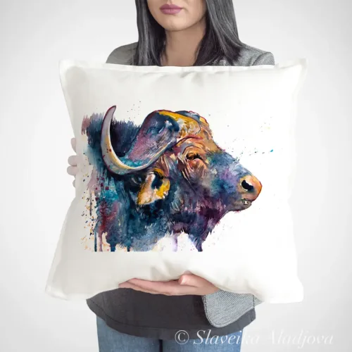 African Buffalo watercolor painting printed on a 50 x 50 cm cotton art pillow cover by Slaveika Aladjova