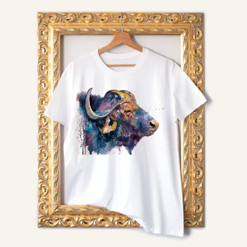African Buffalo T-Shirt, Watercolor Art Tee African Buffalo watercolor painting printed on a white cotton T-shirt by Slaveika Aladjova
