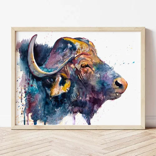 African Buffalo watercolor painting the artwork on the T-shirt by Slaveika Aladjova