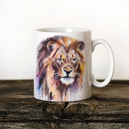 African Lion watercolor painting printed on an 11 oz ceramic art mug by Slaveika Aladjova