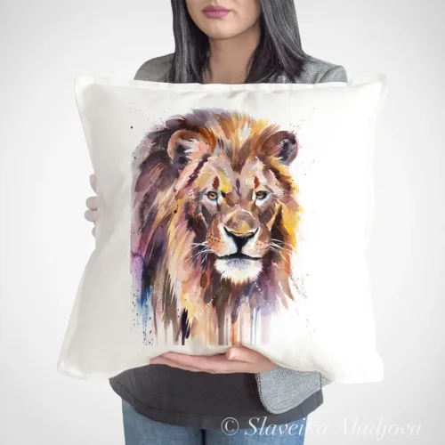 African Lion Art Pillow Cover, Watercolor Cushion 50 × 50 cm African Lion watercolor painting printed on a 50 x 50 cm cotton art pillow cover by Slaveika Aladjova