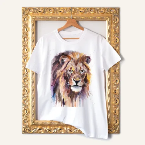 African Lion T-Shirt, Watercolor Art Tee African Lion watercolor painting printed on a white cotton T-shirt by Slaveika Aladjova