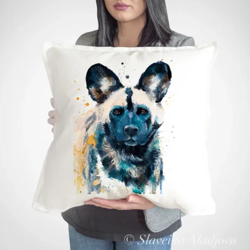African Wild Dog watercolor painting printed on a 50 x 50 cm cotton art pillow cover by Slaveika Aladjova