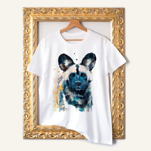 African wild dog watercolor painting printed on a white cotton T-shirt by Slaveika Aladjova
