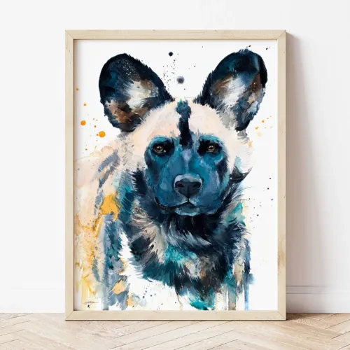 African wild dog watercolor painting by Slaveika Aladjova, the artwork on the T-shirt