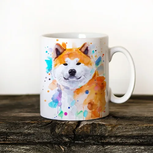 Akita Inu Art Mug, Watercolor Ceramic Mug 11 oz Akita Inu watercolor painting printed on an 11 oz ceramic art mug by Slaveika Aladjova