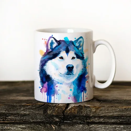 Alaskan Malamute Art Mug, Watercolor Ceramic Mug 11 oz Alaskan Malamute watercolor painting printed on an 11 oz ceramic art mug by Slaveika Aladjova