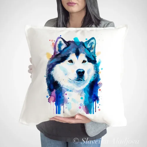 Alaskan Malamute watercolor painting printed on a 50 x 50 cm cotton art pillow cover by Slaveika Aladjova