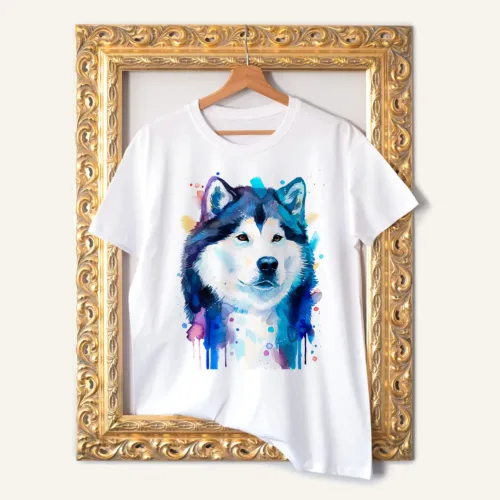 Alaskan Malamute T-Shirt, Watercolor Art Tee Alaskan Malamute watercolor painting printed on a white cotton T-shirt by Slaveika Aladjova
