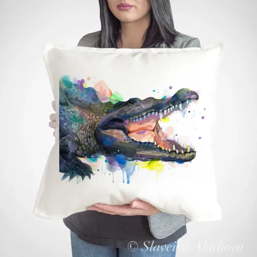 Alligator Art Pillow Cover, Watercolor Cushion 50 × 50 cm Alligator watercolor painting printed on a 50 x 50 cm cotton art pillow cover by Slaveika Aladjova
