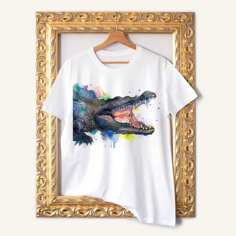 Alligator watercolor painting printed on a white cotton T-shirt by Slaveika Aladjova
