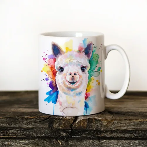 Alpaca Art Mug, Watercolor Ceramic Mug 11 oz Alpaca watercolor painting printed on an 11 oz ceramic art mug by Slaveika Aladjova