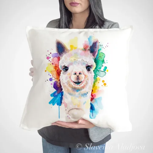 Alpaca Art Pillow Cover, Watercolor Cushion 50 × 50 cm Alpaca watercolor painting printed on a 50 x 50 cm cotton art pillow cover by Slaveika Aladjova