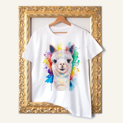 Alpaca watercolor painting printed on a white cotton T-shirt by Slaveika Aladjova
