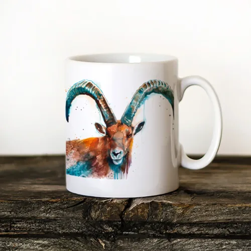 Alpine Ibex Art Mug, Watercolor Ceramic Mug 11 oz Alpine Ibex watercolor painting printed on an 11 oz ceramic art mug by Slaveika Aladjova