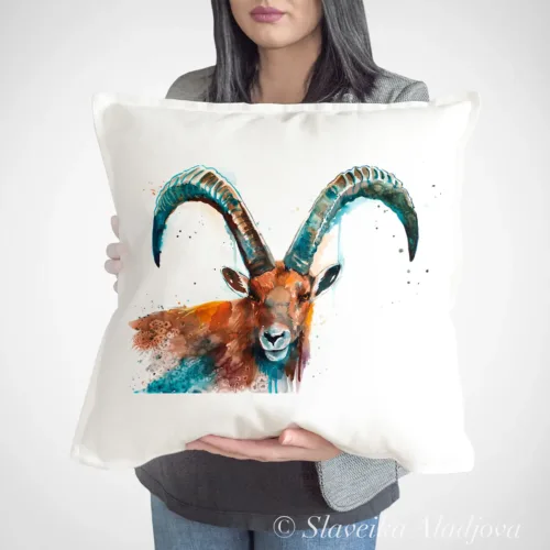 Alpine Ibex Art Pillow Cover, Watercolor Cushion 50 × 50 cm Alpine Ibex watercolor painting printed on a 50 x 50 cm cotton art pillow cover by Slaveika Aladjova