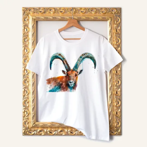 Alpine Ibex watercolor painting printed on a white cotton T-shirt by Slaveika Aladjova