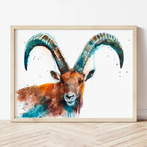 Alpine Ibex watercolor painting the artwork on the T-shirt by Slaveika Aladjova