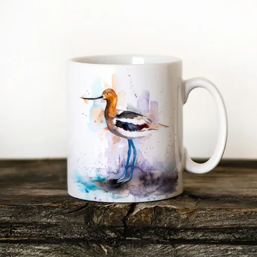 American Avocet watercolor painting printed on an 11 oz ceramic art mug by Slaveika Aladjova