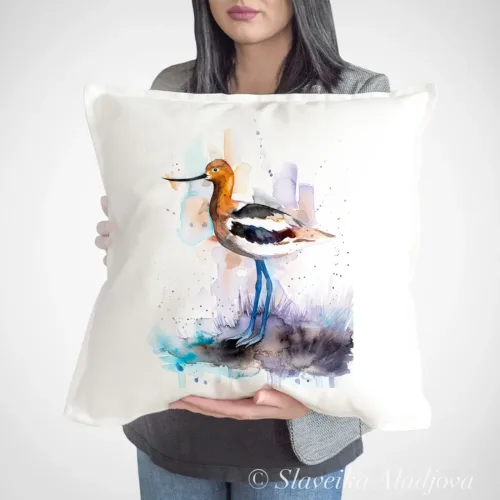 American Avocet Art Pillow Cover, Watercolor Cushion 50 × 50 cm American Avocet watercolor painting printed on a 50 x 50 cm cotton art pillow cover by Slaveika Aladjova