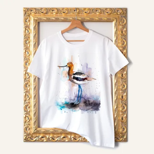 American Avocet T-Shirt, Watercolor Art Tee American Avocet watercolor painting printed on a white cotton T-shirt by Slaveika Aladjova