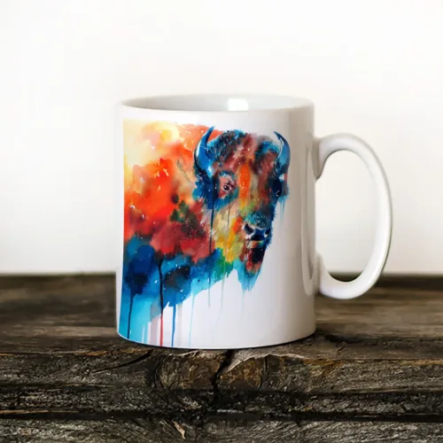 American Bison watercolor painting printed on an 11 oz ceramic art mug by Slaveika Aladjova
