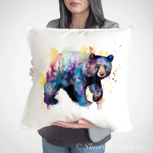 American Black Bear Art Pillow Cover, Watercolor Cushion 50 × 50 cm American Black Bear watercolor painting printed on a 50 x 50 cm cotton art pillow cover by Slaveika Aladjova