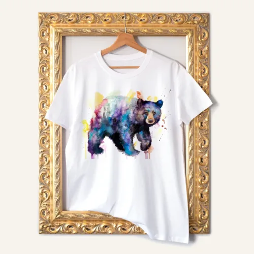 American Black Bear T-Shirt, Watercolor Art Tee American Black Bear watercolor painting printed on a white cotton T-shirt by Slaveika Aladjova