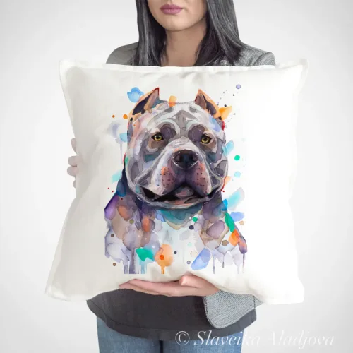 American Bully Art Pillow Cover, Watercolor Cushion 50 × 50 cm American Bully watercolor painting printed on a 50 x 50 cm cotton art pillow cover by Slaveika Aladjova