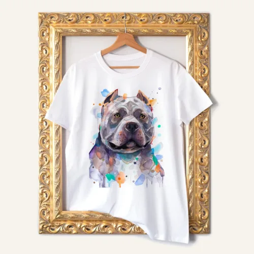 American Bully T-Shirt, Watercolor Art Tee American Bully watercolor painting printed on a white cotton T-shirt by Slaveika Aladjova