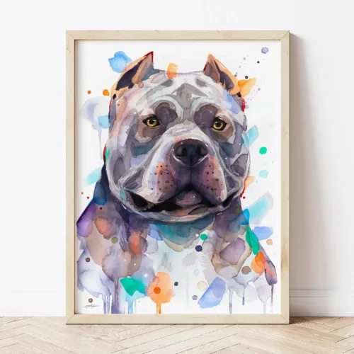 American Bully watercolor painting the artwork on the T-shirt by Slaveika Aladjova