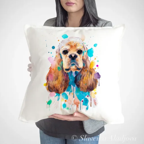 American Cocker Spaniel Art Pillow Cover, Watercolor Cushion 50 × 50 cm American Cocker Spaniel watercolor painting printed on a 50 x 50 cm cotton art pillow cover by Slaveika Aladjova