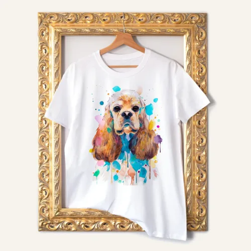 American Cocker Spaniel watercolor painting printed on a white cotton T-shirt by Slaveika Aladjova